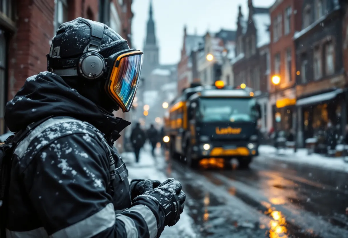 Een fotorealistisch beeld van een steigerbouwer in een reflecterend veiligheidshesje die een Layher-steiger bevestigt aan een historische gevel in Brugge, met een kasseienstraat op de achtergrond en een bewolkte winterlucht.