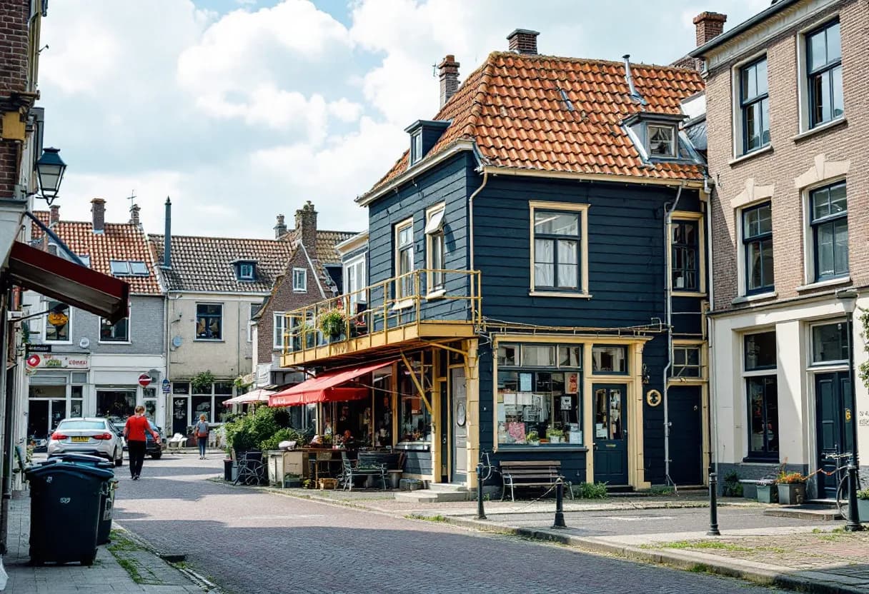Een stevige stalen gevelsteiger opgebouwd tegen een gerenoveerd pand in een woonstraat van Blankenberge, met veiligheidsnetten en platformplanken, onder een heldere zomerdag.