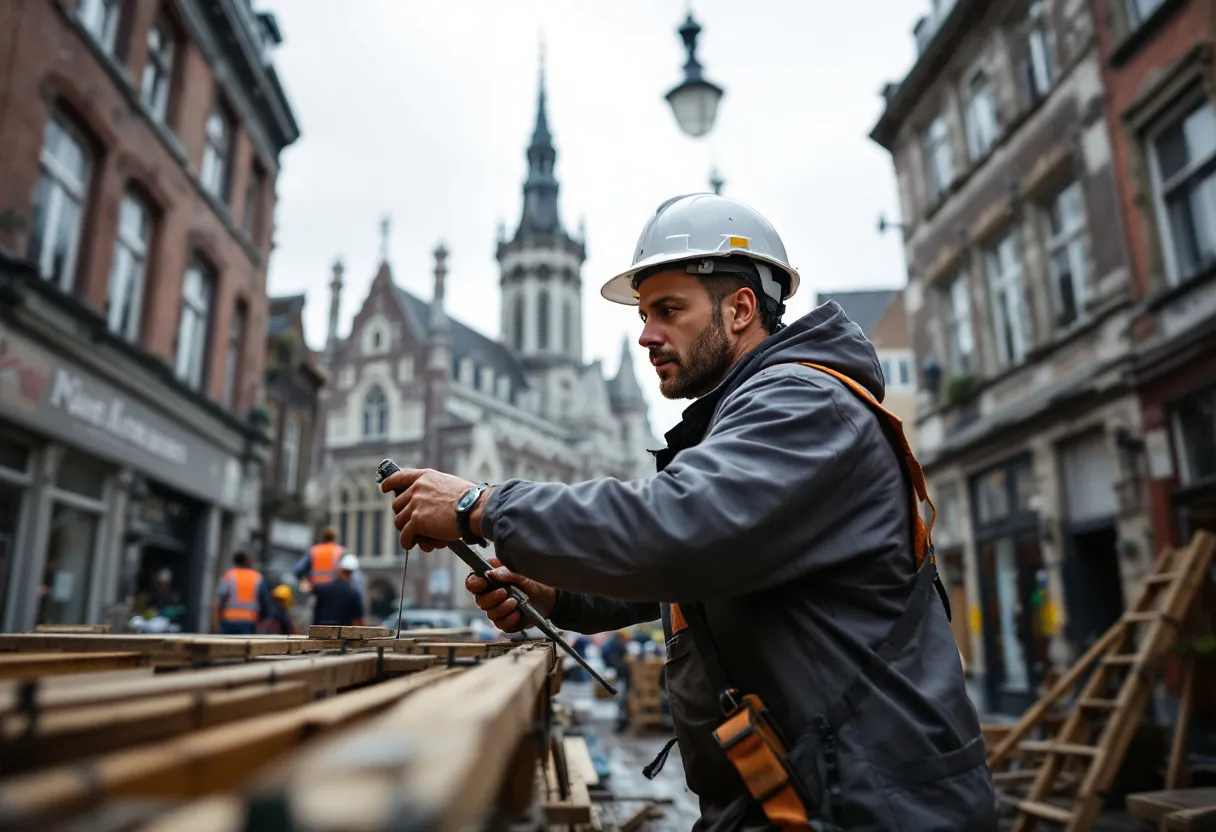 Een ervaren stellingbouwer in veiligheidshelm en harnas monteert een gevelstelling aan een historisch pand in het centrum van Antwerpen, met de Onze-Lieve-Vrouwekathedraal zichtbaar op de achtergrond.