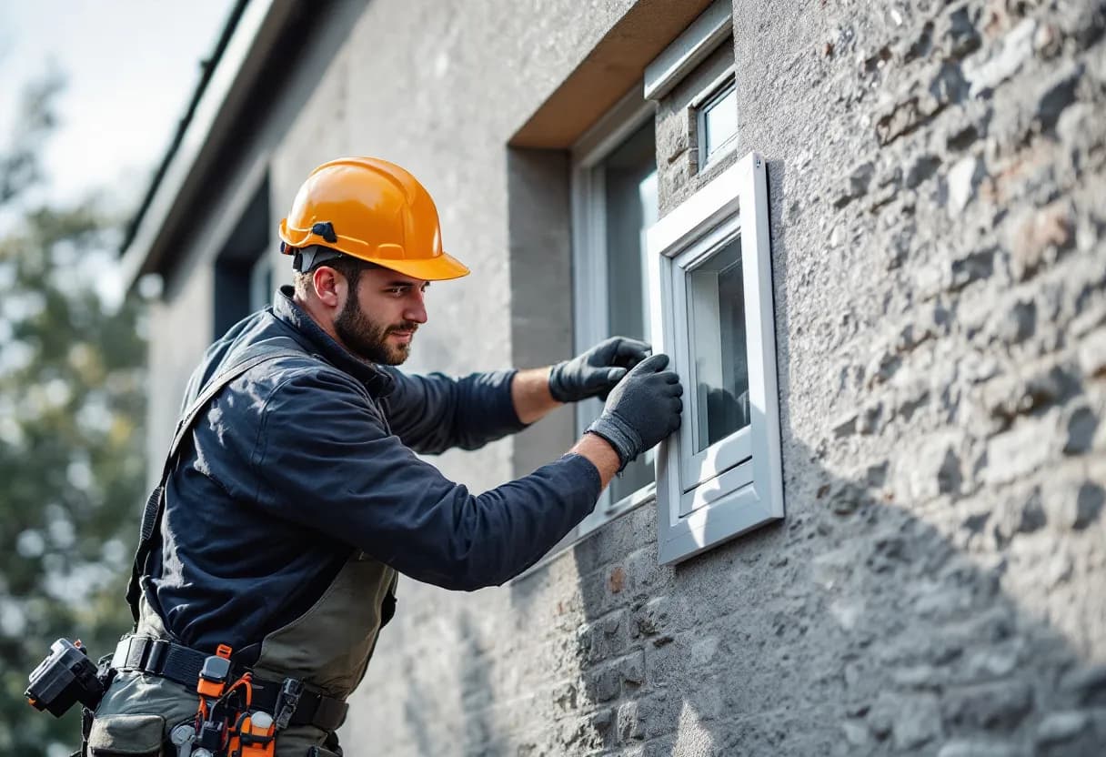 Een ervaren stellingbouwer monteert veilig een aluminium gevelsteiger aan een Vlaamse woning, met gereedschap en helm, onder een heldere hemel.