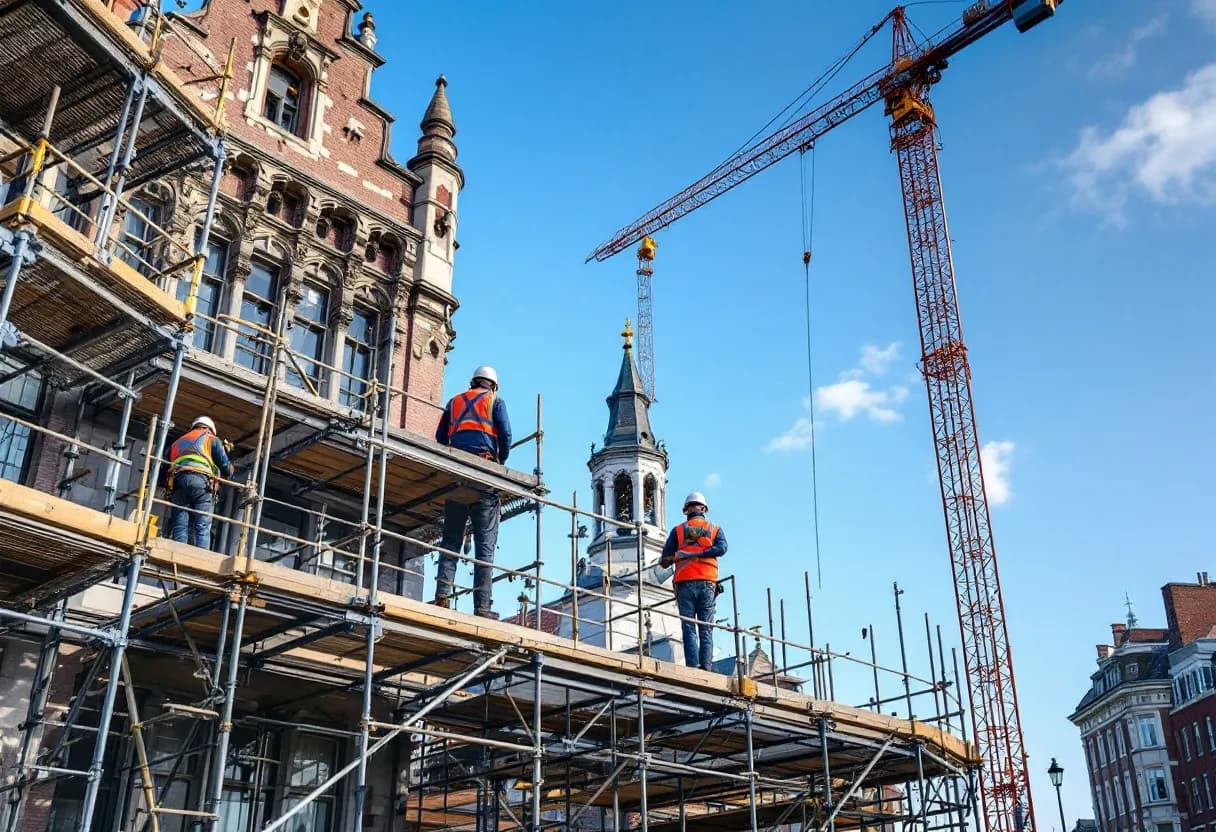 Een fotorealistische foto van een bouwplaats in Antwerpen met een veilige stellingconstructie rond een historisch gebouw, waar bouwvakkers in veiligheidskledij de stelling monteren, onder een heldere blauwe lucht.