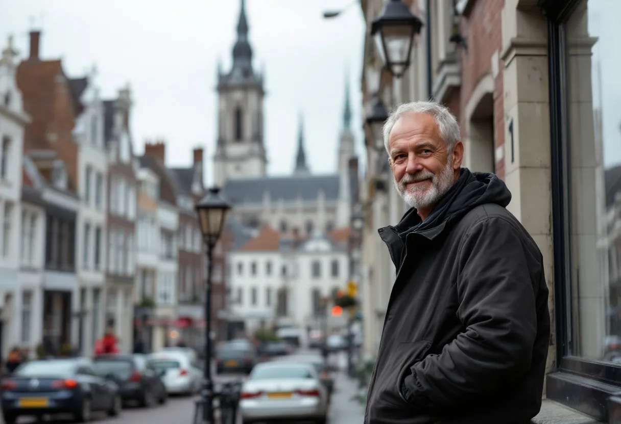 Een metselaar staat op een veilige stalen gevelsteiger voor een gerenoveerd herenhuis in de Antwerpse binnenstad, met zicht op de Onze-Lieve-Vrouwekathedraal op de achtergrond.