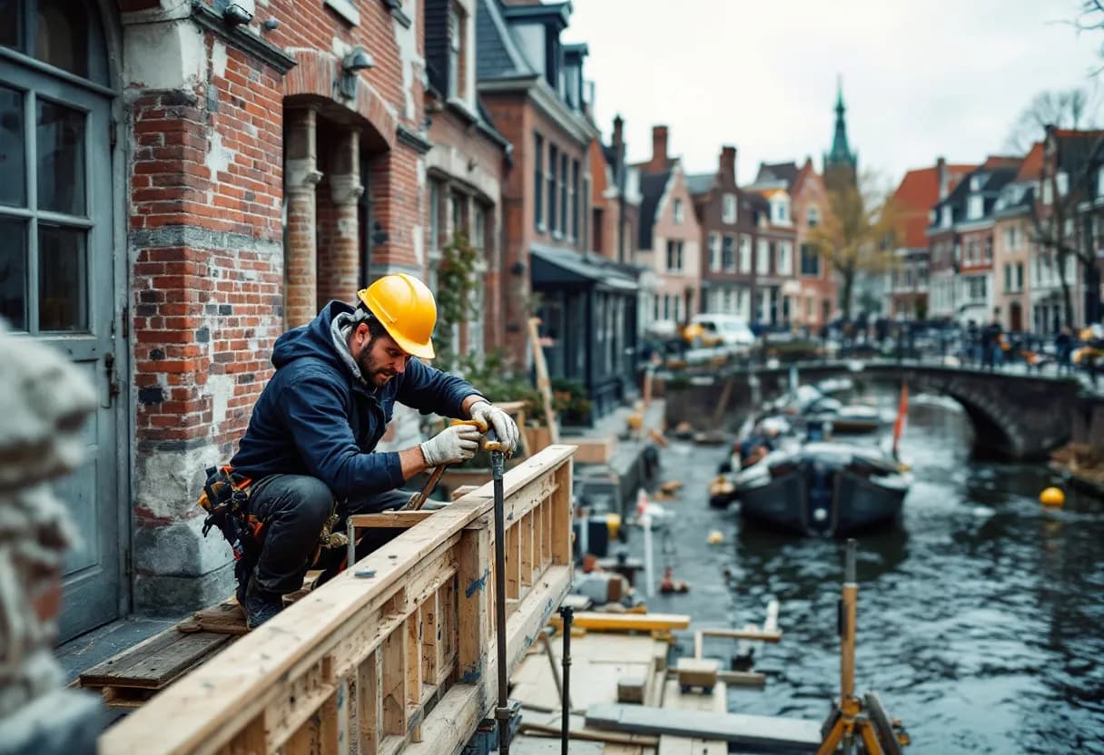 Een ervaren stellingbouwer monteert een steigerconstructie tegen een statig herenhuis in het centrum van Brugge, met een gracht en oude gevels op de achtergrond, op een heldere lentedag.