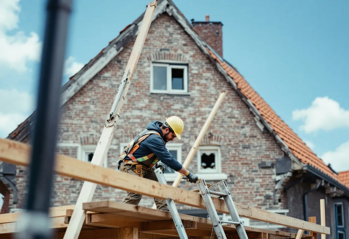 Een steigerbouwer bevestigt een horizontale ligger aan een stelling rond een klassiek Vlaams herenhuis onder een strakblauwe lucht.