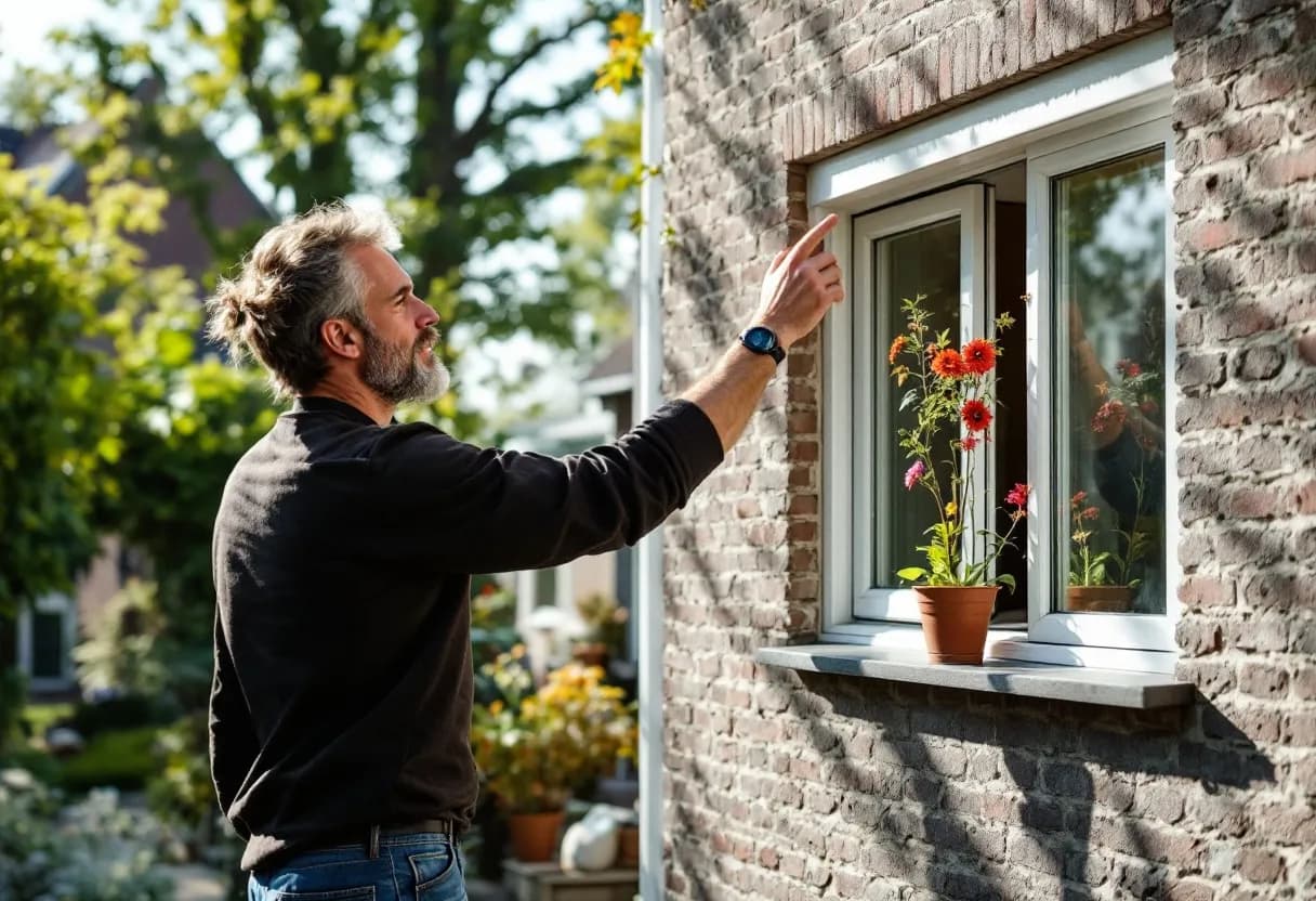 Een professionele stellingbouwer monteert een veilige gevelsteiger aan een Vlaamse woning op een heldere dag.