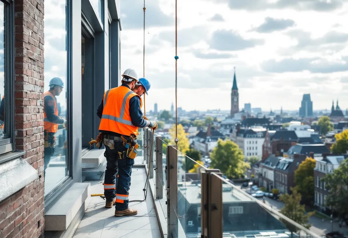 Een fotorealistische afbeelding van twee stellingbouwers in veiligheidshesjes die een gevelsteiger opbouwen voor een gerenoveerd herenhuis in Brussel, met zicht op de stad op de achtergrond.