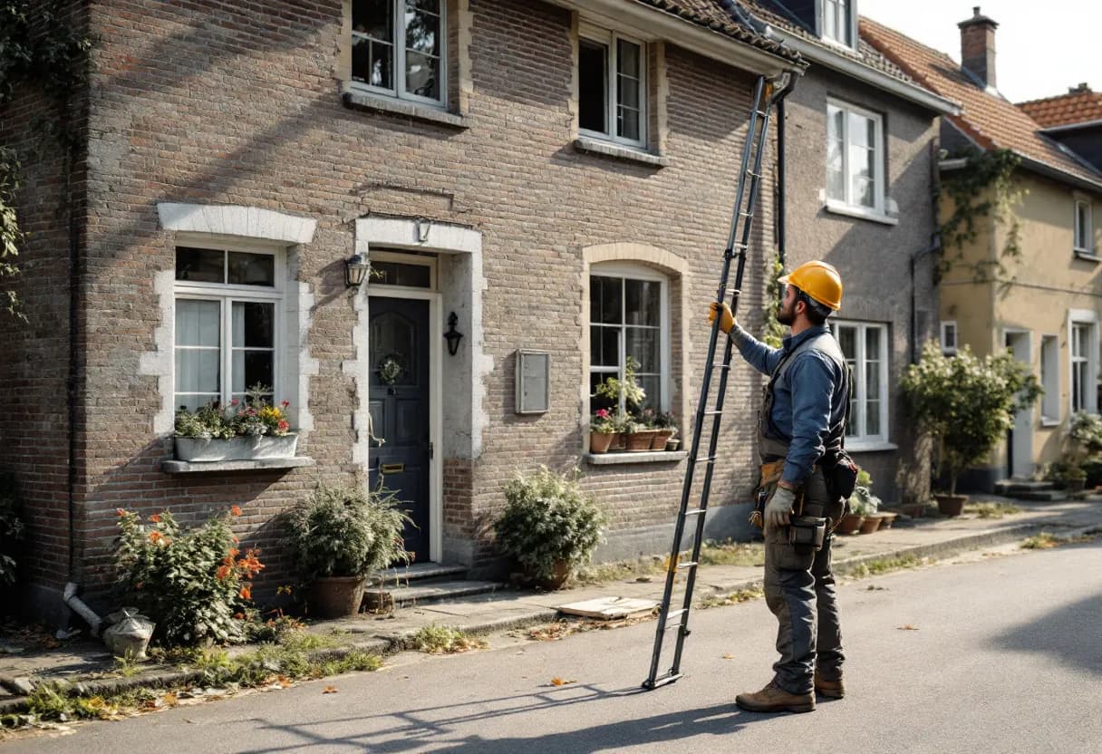 Een ervaren stellingbouwer in veiligheidsharnas monteert een stalen steiger rond een gerenoveerde rijwoning in een rustige straat in Hasselt, Limburg.
