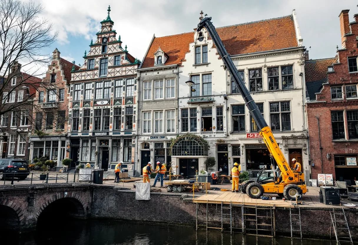 Een team van professionele stellingbouwers monteert een gevelsteiger tegen een historisch gebouw in het centrum van Brugge, met een gracht op de voorgrond.