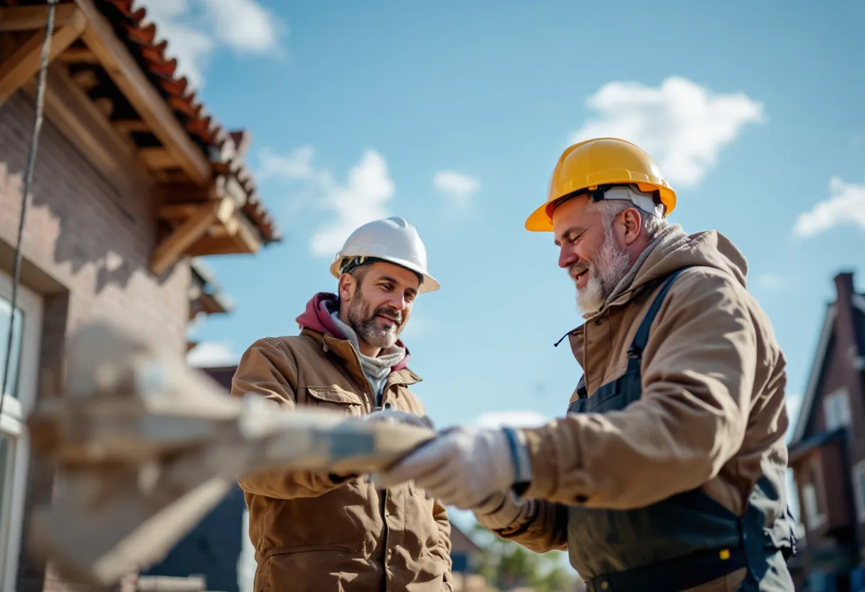 Twee ervaren stellingbouwers bevestigen een steigerdeel aan een gevelstelling voor een traditionele Vlaamse baksteenwoning onder een strakblauwe hemel.