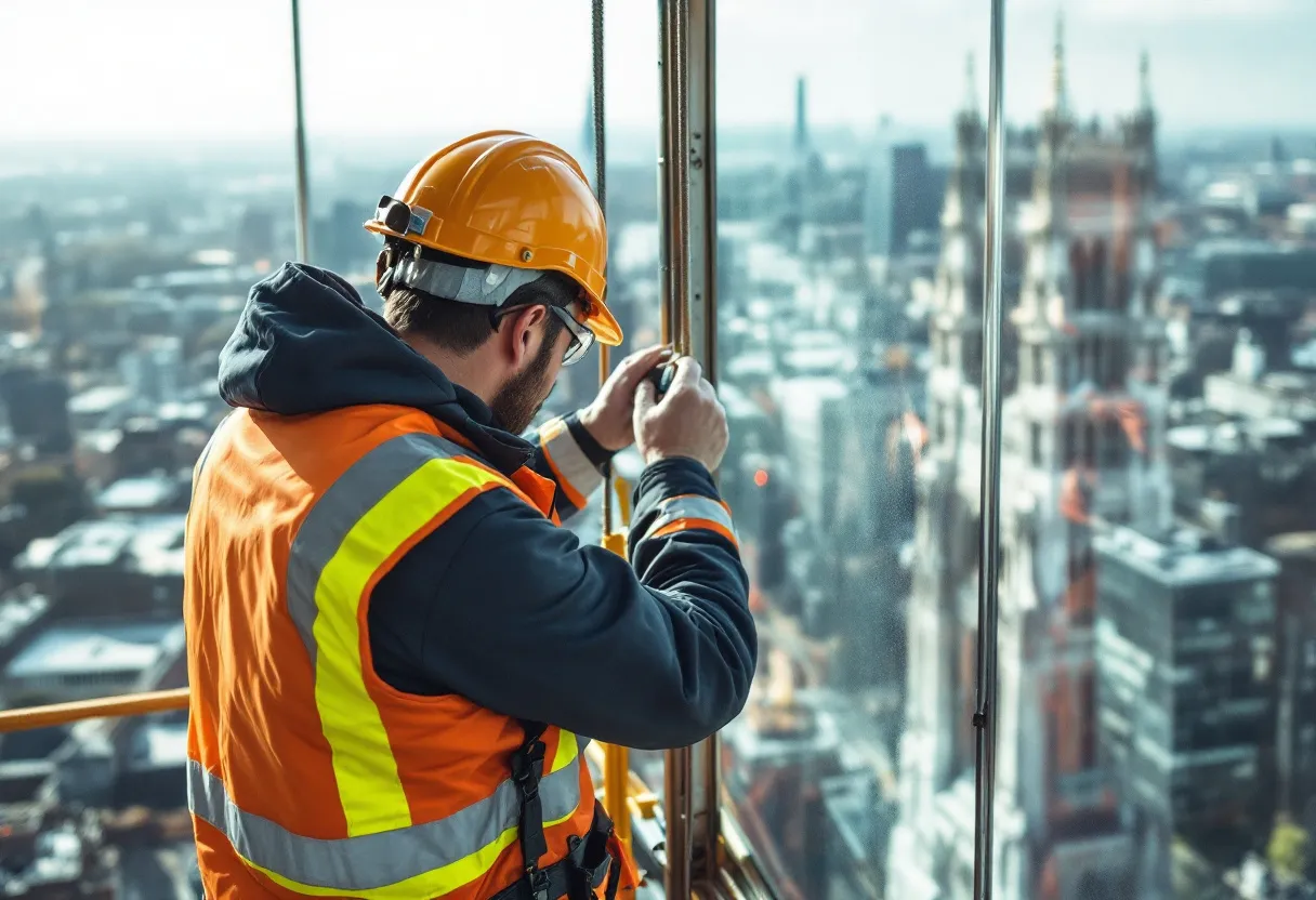 Een ervaren steigerbouwer plaatst een veiligheidsscherm op een hoge stelling met uitzicht op de Antwerpse skyline en de kathedraal.