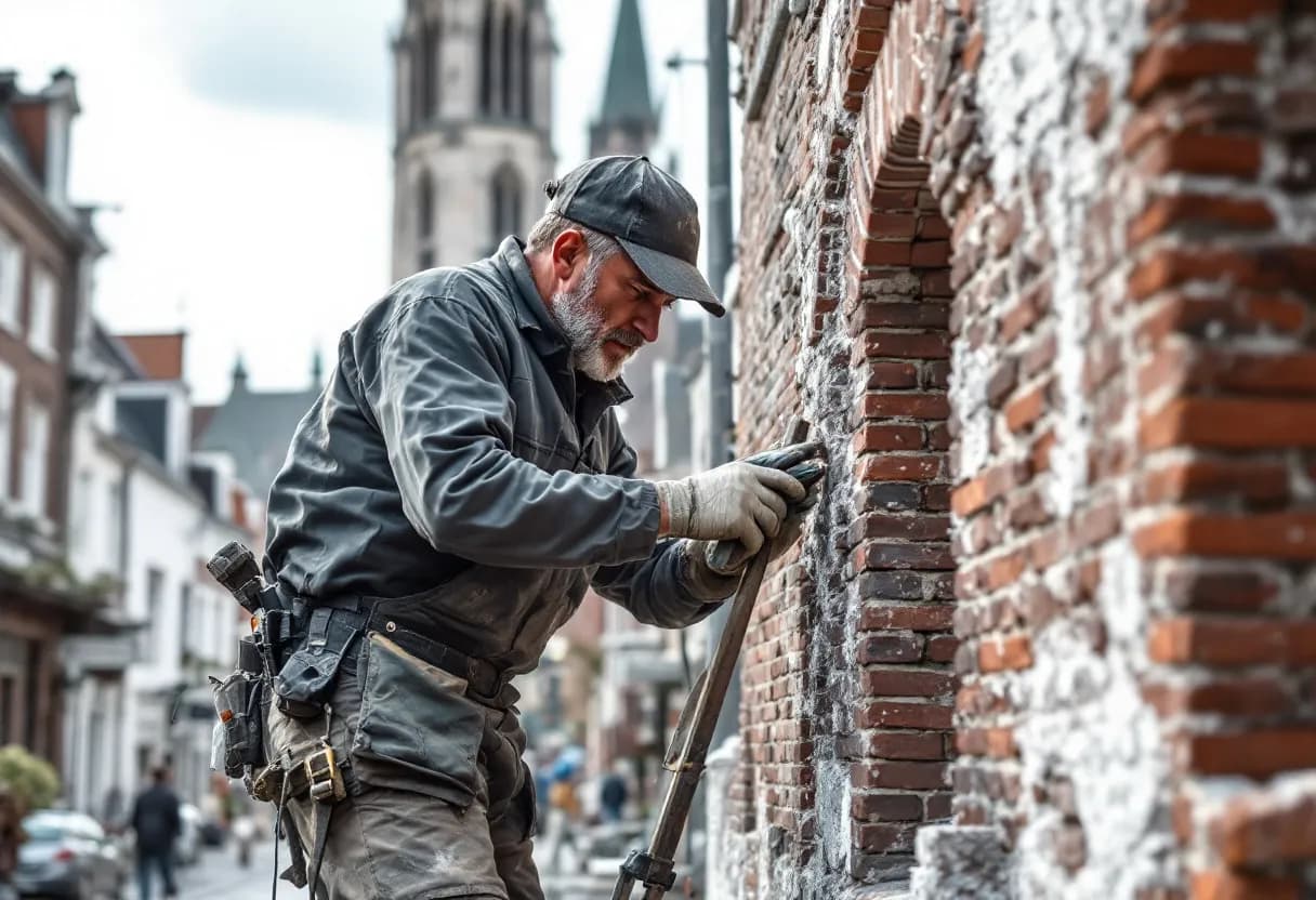 Een professionele stellingbouwer plaatst een stalen stelling tegen een gerenoveerde bakstenen gevel in het centrum van Mechelen, met op de achtergrond de karakteristieke toren van de Sint-Romboutskathedraal.