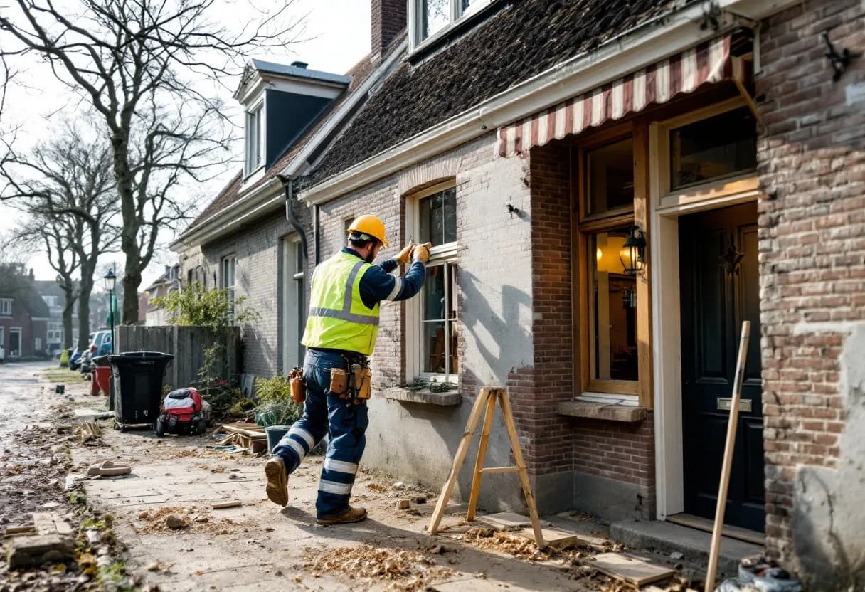 Een professionele steigerbouwer in gele veiligheidskleding bouwt een gevelsteiger op bij een gerenoveerd rijhuis in een typisch Vlaamse straat.