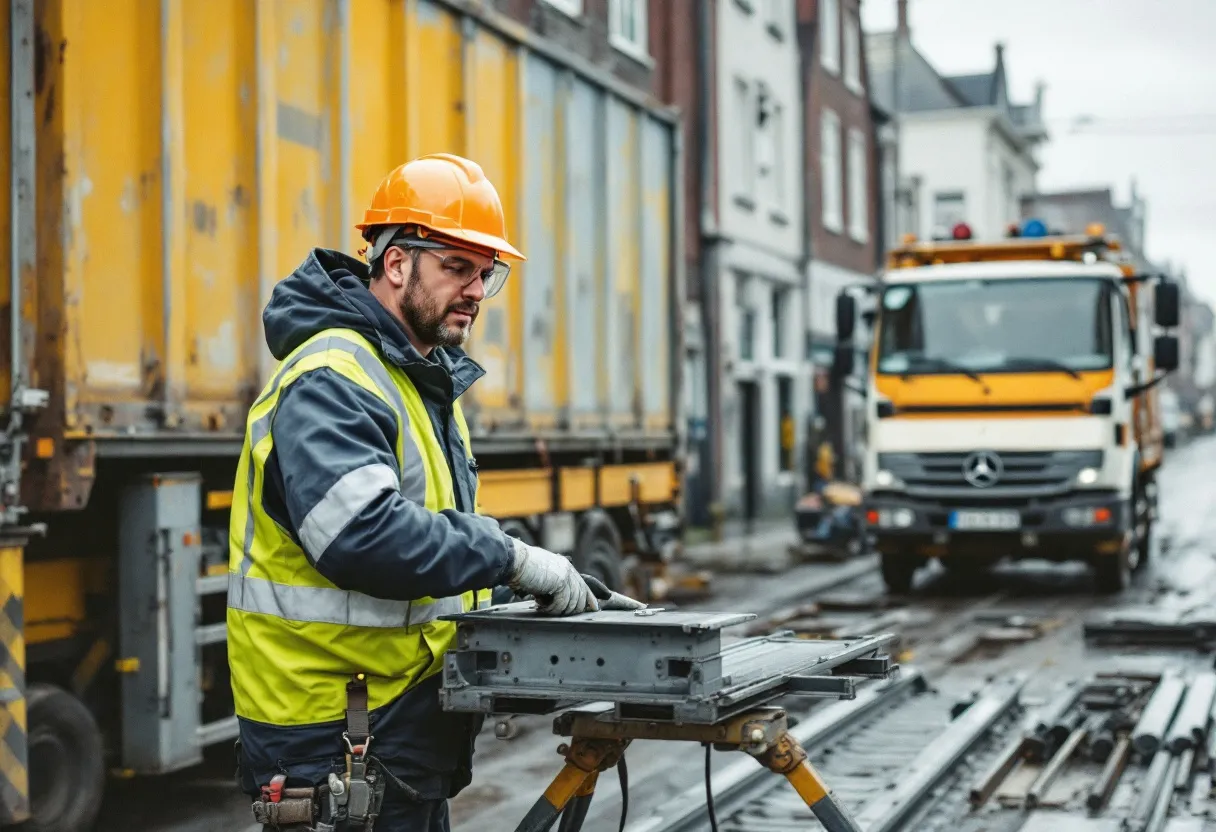 Een stellingbouwer met helm en veiligheidsharnas bevestigt metalen steigerpijpen aan de gevel van een gerenoveerd bakstenen pand in een Vlaamse binnenstad, met een vrachtwagen met steigermateriaal op de kasseien op de achtergrond.