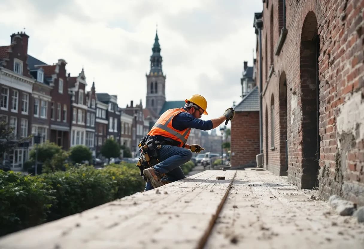 Een professionele stellingbouwer plaatst een gevelstelling tegen een gerenoveerd herenhuis in Antwerpen, met zicht op de Onze-Lieve-Vrouwekathedraal op de achtergrond.