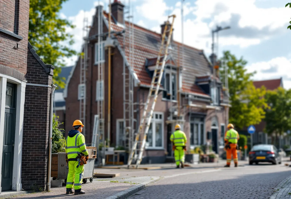 Een fotorealistische afbeelding van een grote, veilig opgebouwde stalen gevelsteiger rond een gerenoveerd herenhuis in het centrum van Roeselare, met een team van twee stellingbouwers in veiligheidshelmen die de steiger controleren op een zonnige dag.